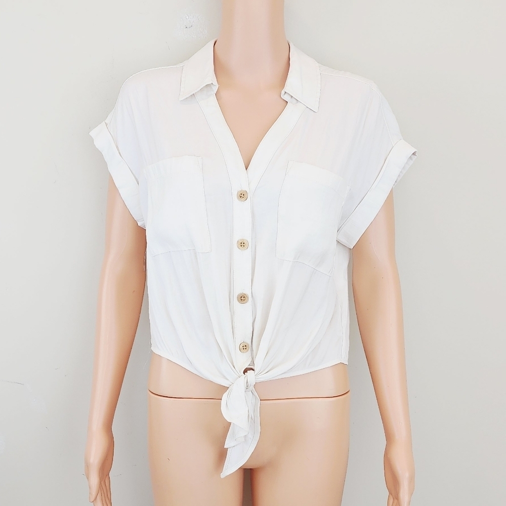 Joie Short Sleeve Button down Tie Waistline Blouse